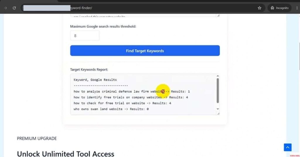 Easy Rank Keyword Finder interface displaying filtered low-competition keyword results